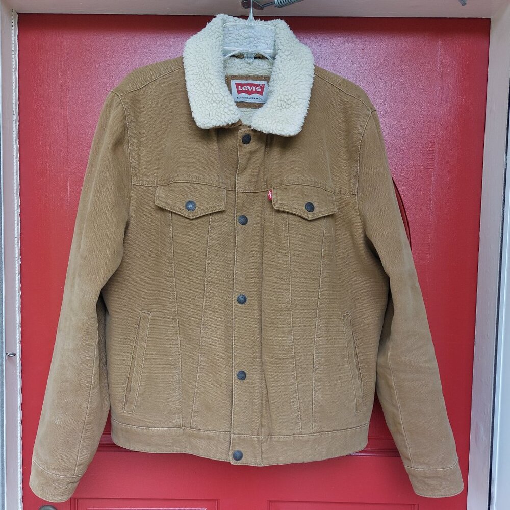 Levis Tan Cotton Canvas & Sherpa Fleece Trucker Jacket